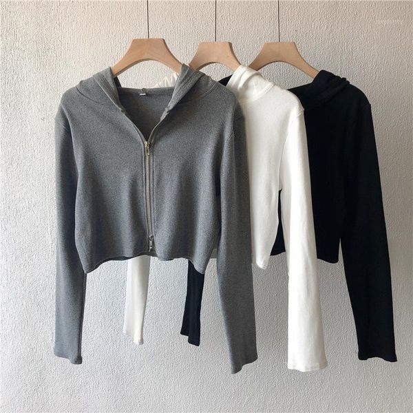 

hooded knitted cardigan jacket women's 2020 early autumn new double zipper high waist short slim slim all-match casual1, White