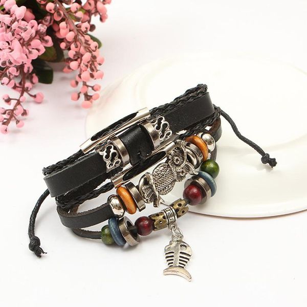

eif dock vintage black color owl leather men charm bracelet survival rope chain paracord bracelets for women boho jewel qylaes