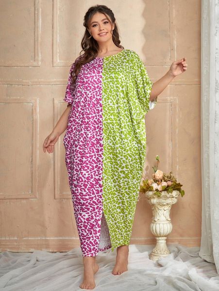 

plus batwing sleeve leopard sleepdress t1zy#, Black;white