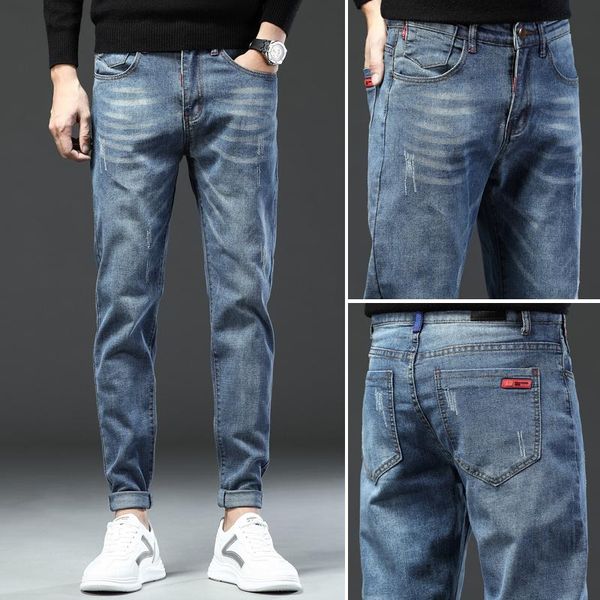 

voreloce classic badge boys trendy slim denim jeans 2021 spring brand moustache effect men's cotton stretch pencil pants blue