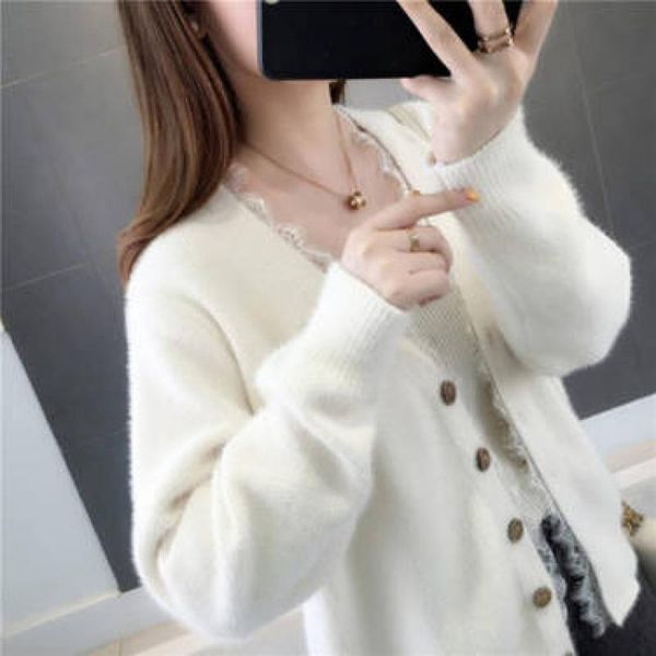 

women's knits & tees autumn women knit cardigans sweaters solid v neck loose knitwear single breasted jacket 2021 coat cardigan outerw, White