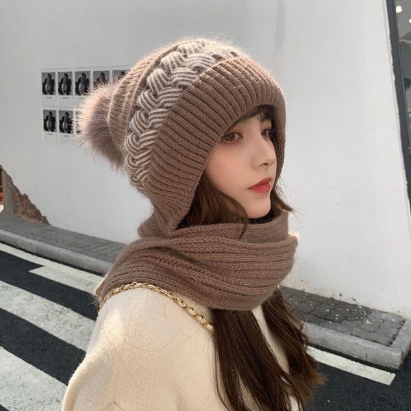 

beanie/skull caps woolen hat women autumn and winter all-match cute knitting velvet thickening cycling scarf integrated girl, Blue;gray