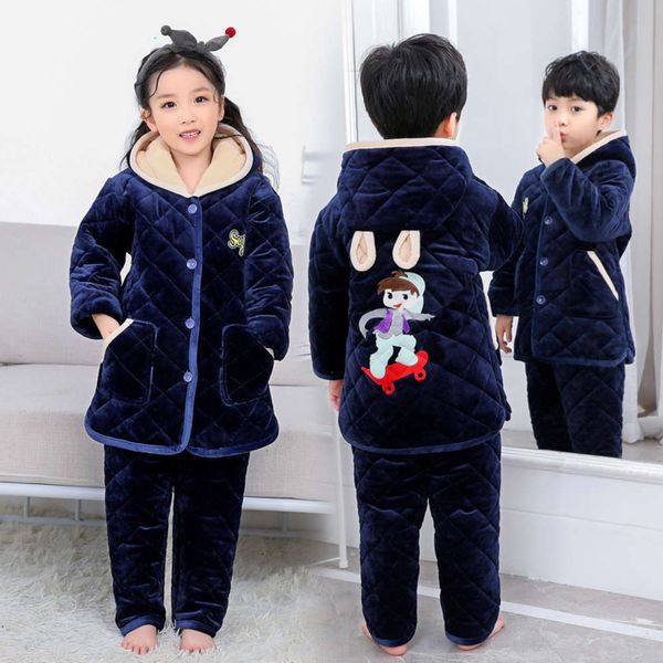 

thickened autumn and winter 2020 new cotton pajamas children's home wear coral flannel suit, Blue;red