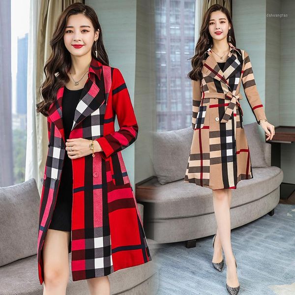 

new 2019 spring and autumn lapel long paragraph simple color matching plaid jacket temperament women's windbreaker1, Tan;black