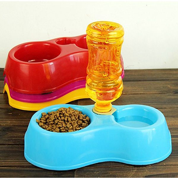 

portable pet feeder plastic dual port automatic feeder water drinking feeding basin bowls for cats pet dogs without bottle