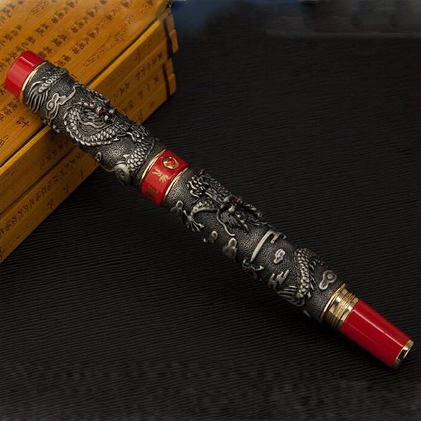 jinhao Classic METAL Dragon Relief Penna stilografica rossa Gun grey School Student Office Regali Cancelleria