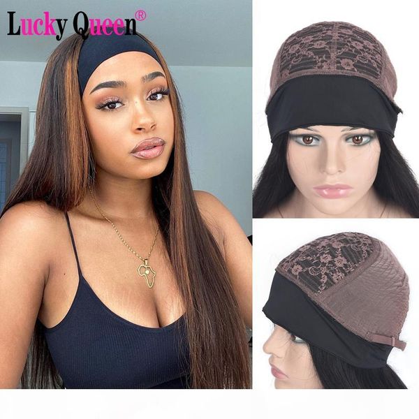 

lucky queen highlight straight headband scarf wig glueless human hair wigs for african american women affordable headband wig, Black;brown