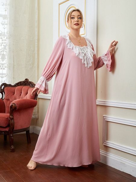 

plus contrast lace detail flounce sleeve nightdress 91k8#, Black;white