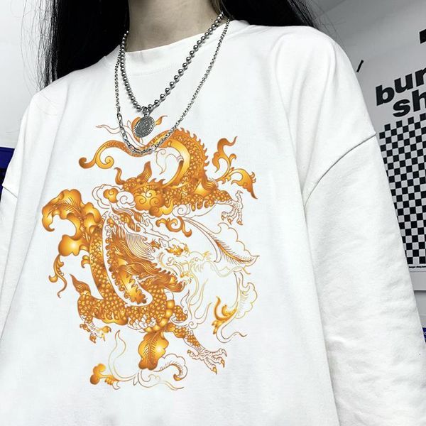 

new bronzing dragon pattern t-shirt printing casual short-sleeved street t shirt female harajuku vest cool tshirts clothes, White