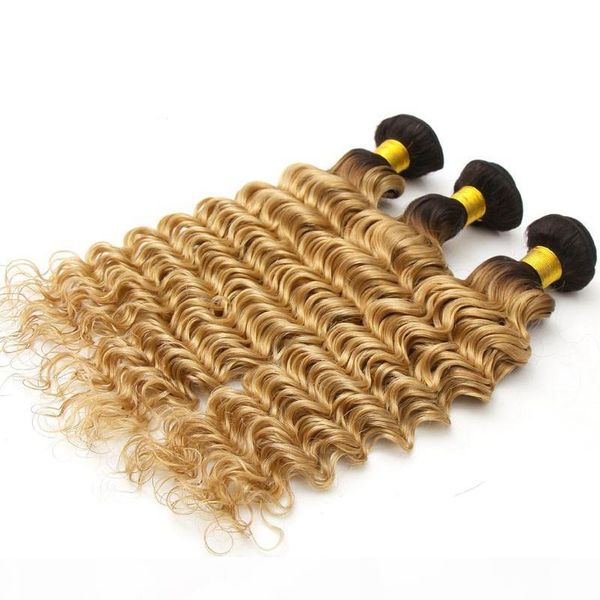

#1b 27 honey blonde ombre brazilian virgin human hair bundles deals 3pcs lot deep wave wavy strawberry blonde virgin hair weaves extensions, Black