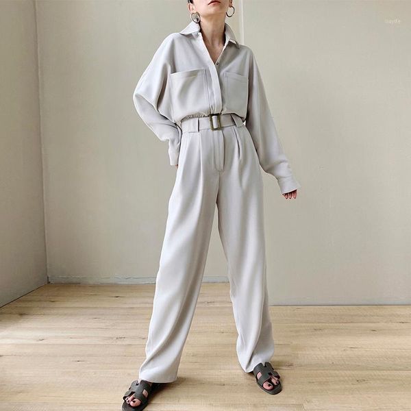 

lautaro beige black long loose jumpsuit women belt long sleeve plus size jumpsuits for women 2020 one piece shirt jumpsuit1, Black;white