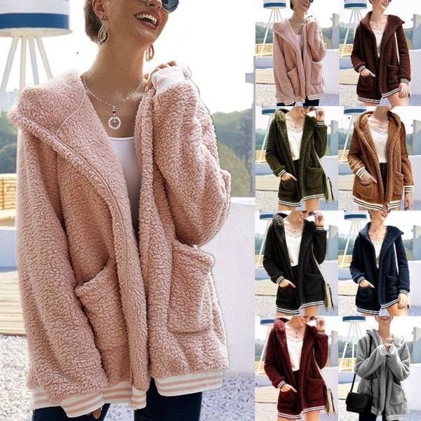 

women autumn winter faux long sleeves cardigan hooded keep warm coat female solid jacket fashion 2020 new pocket outwear green, Black;brown