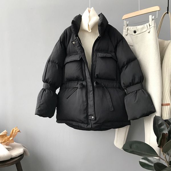 

2021 new winter l sleeve stand collar warm thick women cotton jacket coat with belt design feminino wyw4, Black
