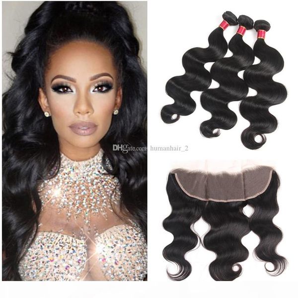 

peruvian virgin human hair body wave with lace frontal closure 3 bundles with 13x4 ear to ear lace frontal closure body wave frontal, Black;brown