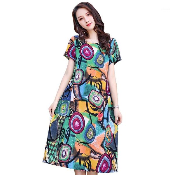 

2020 new summer dresses women plus size o-neck linen boho print a-line long dress elegant casual ladies beach sundress vestidos1, White;black