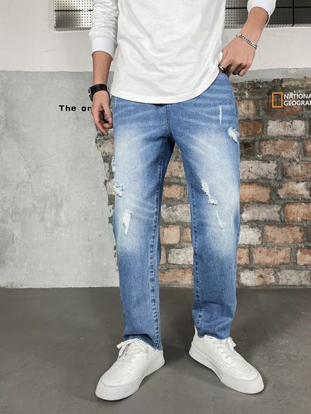 

men ripped cat whisker straight leg jeans l3qj#, Blue