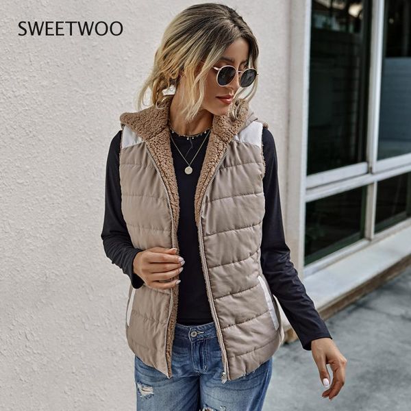 

winter warm plush jackets women double sided vest hooded ladies solid colour casual pockets coats vests outwear chaleco, Black;white