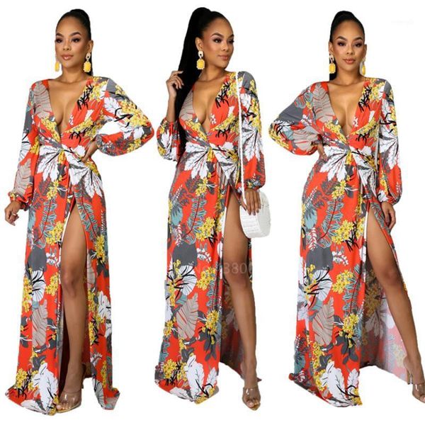 

2020 african traditional clothes for women fashion irregular split dress female club print dashiki dress v neck long bazin1, Red