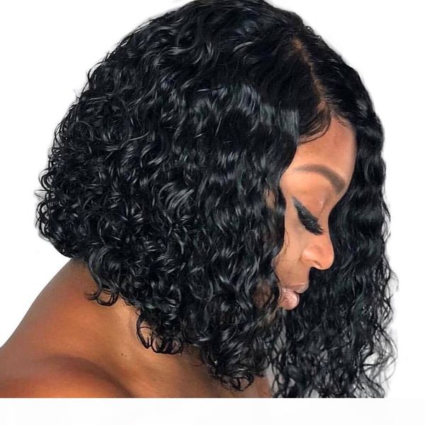 

beeos brazilian remy short curly human hair bob wig full end 13*6 lace front human hair wigs for women pre pluck side part, Black