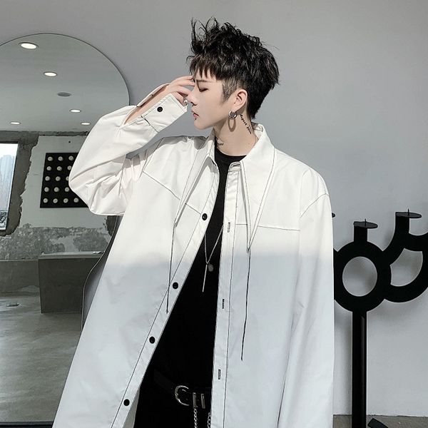 

2021 New S-6xl. Black Spring Personality Sharp Collar Line Collection Loose Sleeve Long-sleeve Male Fashion Solid Shirt MLIC