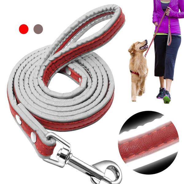 

4ft leather dog leash reflective pet dog puppy walking running lead leashes for small med bbycyx