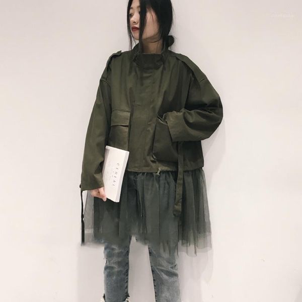 

deat] loose fit mesh spliced oversized ribbon pocket jacket new lapel long sleeve women coat fashion tide spring 2020 13r0531, Black;brown