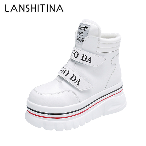 

women snow boots thick sole soft leather high platform ankle boots white chunky sneakers warm plus velvet winter shoes 6cm, Black