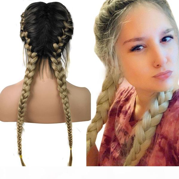 

dilys pre plucked long double braids black brown dark roots ombre blonde synthetic braided lace front wig with baby hair