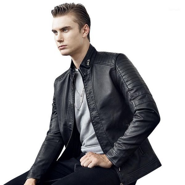 

men's pu leather jacket 2020 autumn new men's casual fashion stand collar slim leather jacket solid color men1, Black