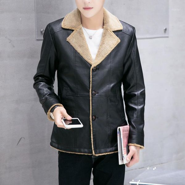 

men's foreign trade fur pu leather jacket warm plus velvet high-end jacket1, Black
