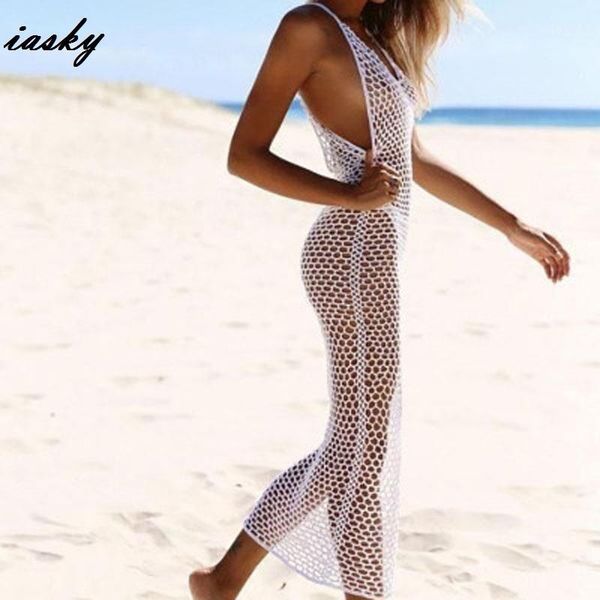 

iasky 2019 new knitted beach long dress women fish net bikini swimsuit cover ups robe de plage beach wear cover ups1, Blue;gray