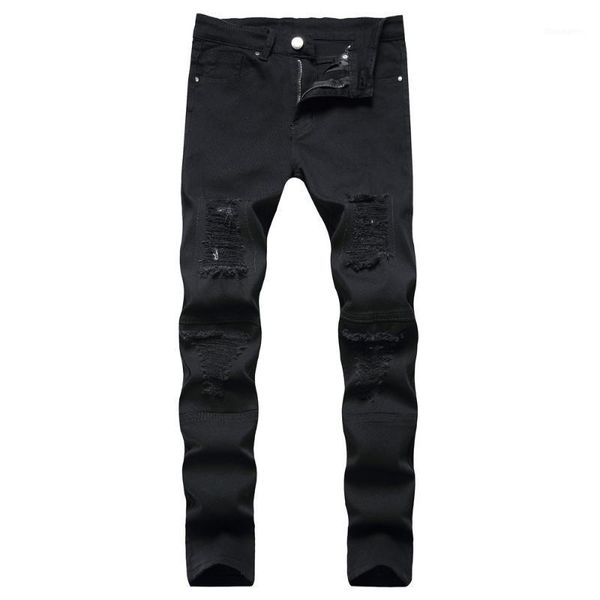 Мужские джинсы 2022 тонкий подходящий на молнии плиссированные брюки с разорванными брюками окрашенные патч-нищий брюки Jumbo размер одежды черный