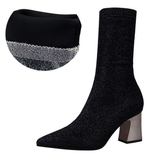 

2021 new spring autumn elastic wire point toe tornozzle foot in thick leap shoes high women socks women's boots size 34-40 bg6l, Black