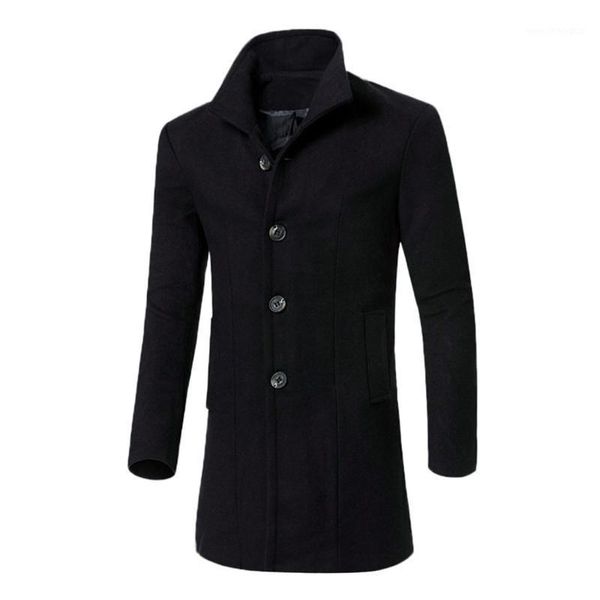 

men's wool & blends simple design winter warm plus size men solid jacket trench long outwear button smart overcoat turn-down collar cas, Black