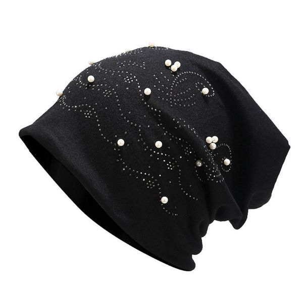 

beanie/skull caps women fashion warm cap lightweight soft stretch headgear simple wild pure color beading pearl head wrap, Blue;gray