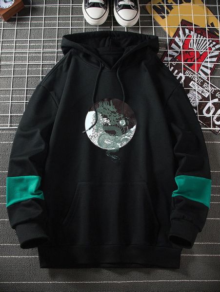

men contrast panel chinese dragon & wave print kangaroo pocket drawstring hoodie v1je#, Black