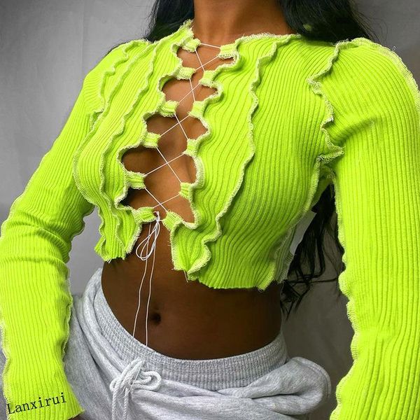 

patchwork lace long sleeve crop ladies rib party knitwear t-shirt hollow bodycon club tie front top, White