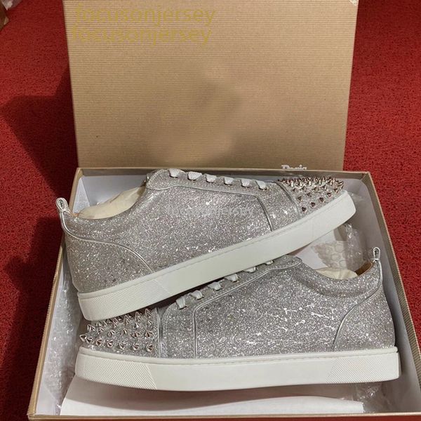 

luxury brands siver glitter leather low junior red bottom sneakers men women outdoor studs casual walking flats shoes party wedding, Black