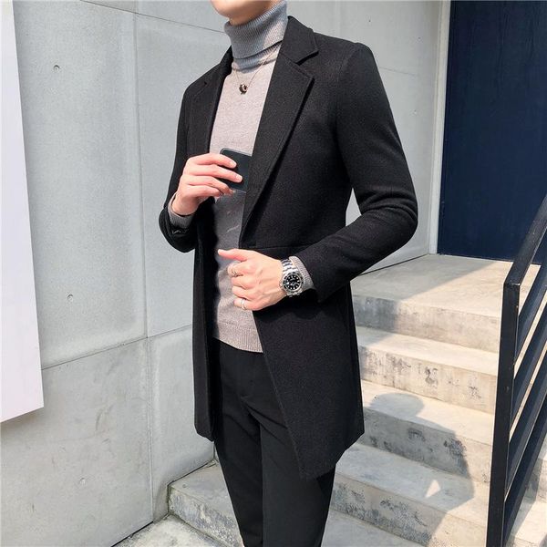 

autumn winters wool woolen cloth coat paragraph recreational dust coat grows in han edition cultivate morality men, Black