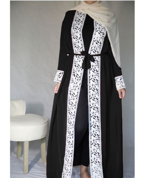 

2021 new women's dress trimmed front lace maxi kimono dub clothes abayas for women mccm, White;black