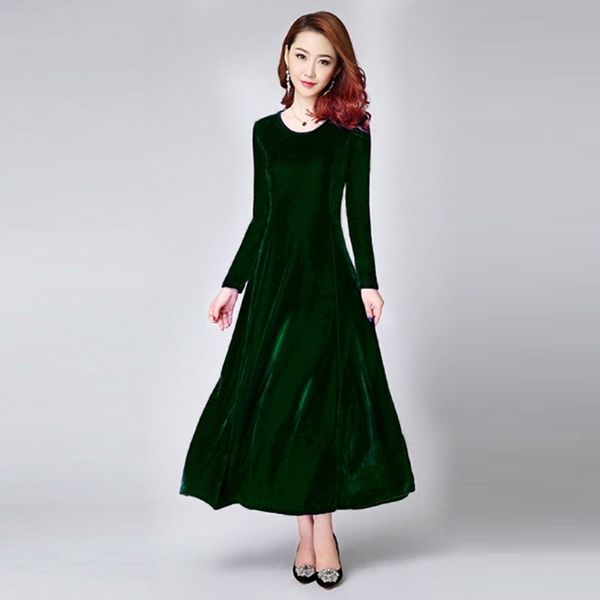 

autumn winter velet dresses women casual o-neck pleuche long dress and street wear ladies vintage warm high waist office dress 201027, Black;gray
