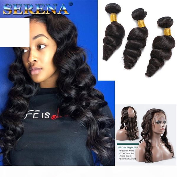 

pre plucked 360 lace frontal closure with bundles brazilian loose deep wave virgin human hair weaves with baby hair frontal and bundles, Black;brown
