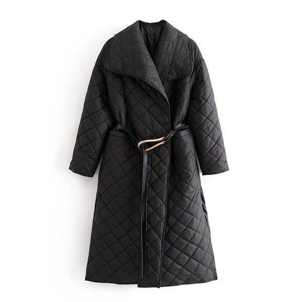 

causal women turn down collar parker 2020 fashion ladies cotton overcoat streetwear female sashes loose outercoat chic girl coat, Black