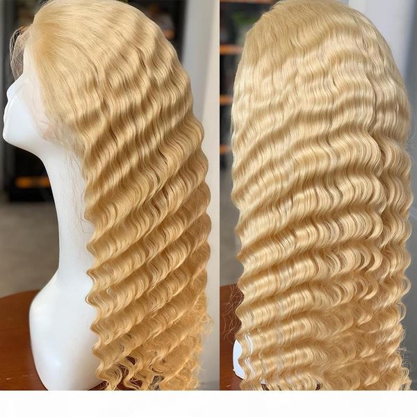 

poker face613 honey blonde malaysian curly lace front wig deep wave 613 color pre plucked human hair lace frontal wigs, Black