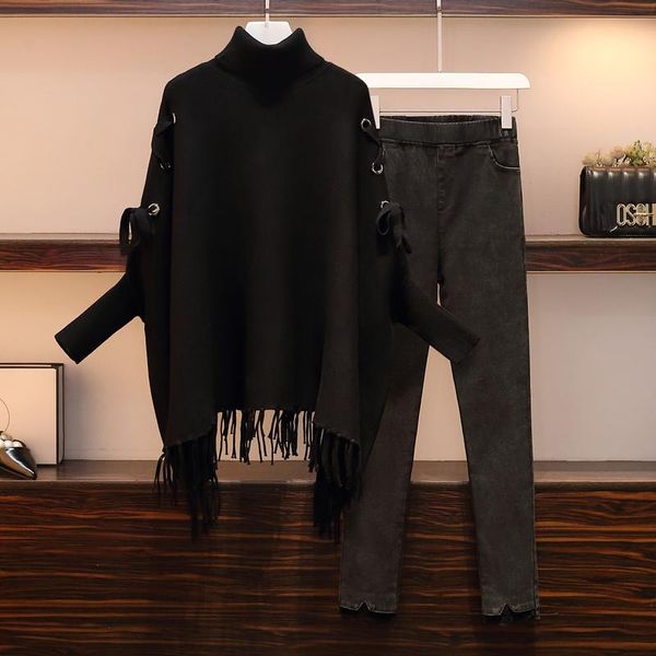 

women's tracksuits autumn plus size women sets sweater tassel bat sleeve cloak loose and stretch trousers two piece suit cloth big xl-5, Gray