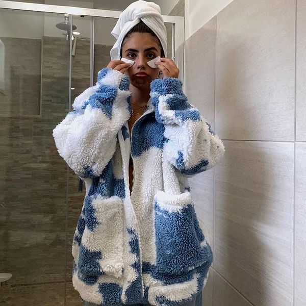 

women fleece shaggy warm lamb wool autumn winter coat women print jacket oversize overcoat casual ladies streetwear outerwear, Black;white