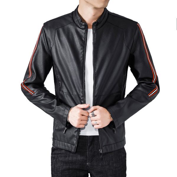 

striped pu leather mens jacket winer o-neck windbreak jackets for man casual faux coat homme warm pocket men's clothing kg-98, Black;brown