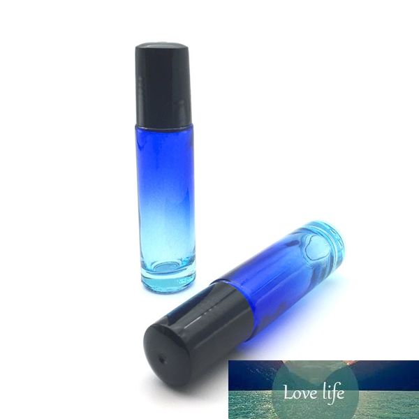 1 pcs 10 ml gradiente Blue-Clear Glass Bottle Rolo na fresta de perfume de fragrância vazia Garrafa de óleo essencial 10 ml Boné de plástico preto roll-on