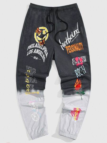 

men two tone letter & floral print drawstring sweatpants u8jy#, Black