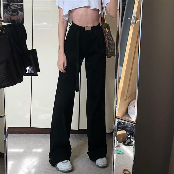 

casual straight pants high waist trousers ladies slim plain black full length harajuku streetwear women summer pants, Black;white